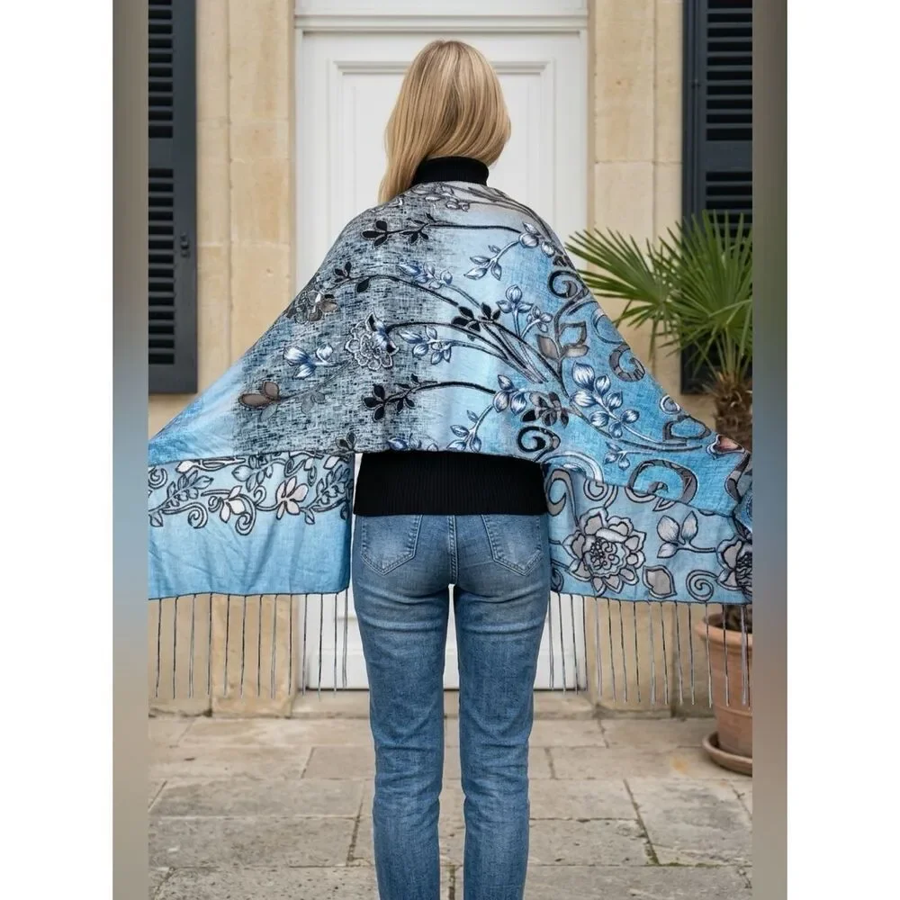 NWT Teal Blue Silver Black Floral Tassel Fringe Accent Shawl - Swimsuit Cover Up